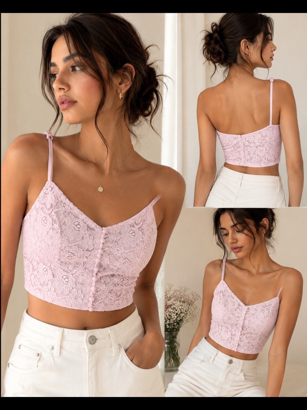 Zara Light Pink Lace Button-Front Cropped Cami